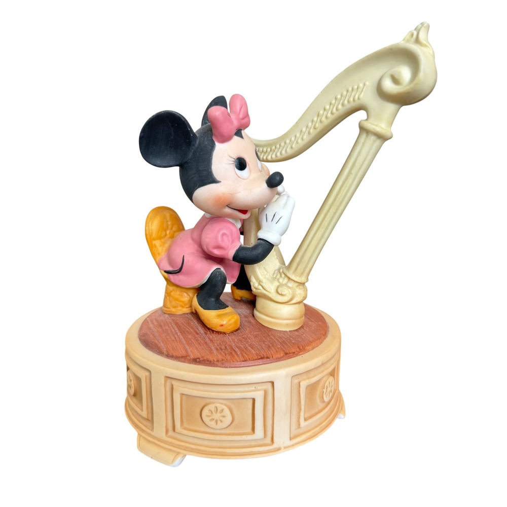 Vintage Walt Disney Minnie Mouse Music Box Harp Ceramic Figurine Japan